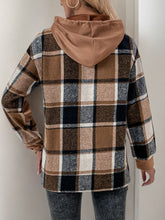 Perfee Drawstring Slit Plaid Long Sleeve Hoodie OutfitFlow